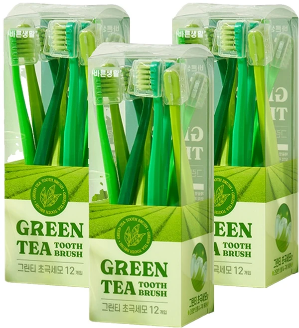 바른생활에이치앤비 그린티 초극세모 칫솔, 12개입, 3개 - 쿠팡