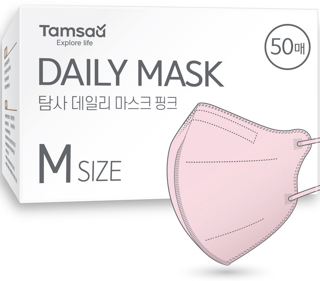 탐사 국내생산 데일리 컬러 마스크 새부리형 중형 (슬림핏), 핑크, 50개입, 1개