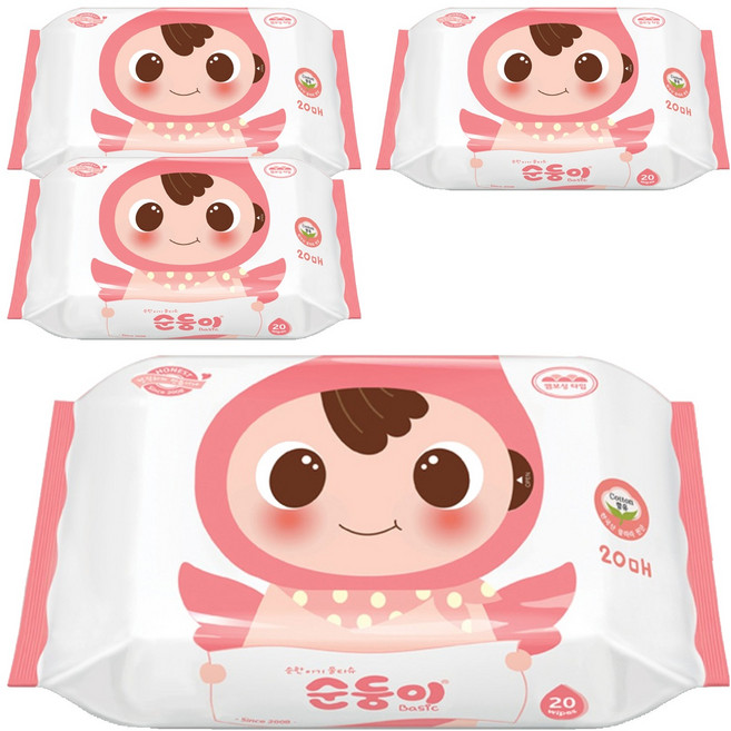 순둥이 베이직 무향 엠보싱 아기 물티슈 휴대 리필형, 4개, 20매, 55g