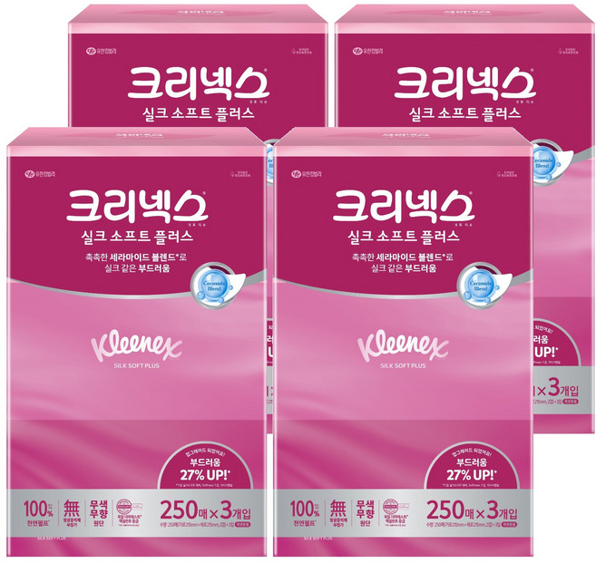 크리넥스 실크 소프트 플러스 미용티슈 2겹, 250매, 12개