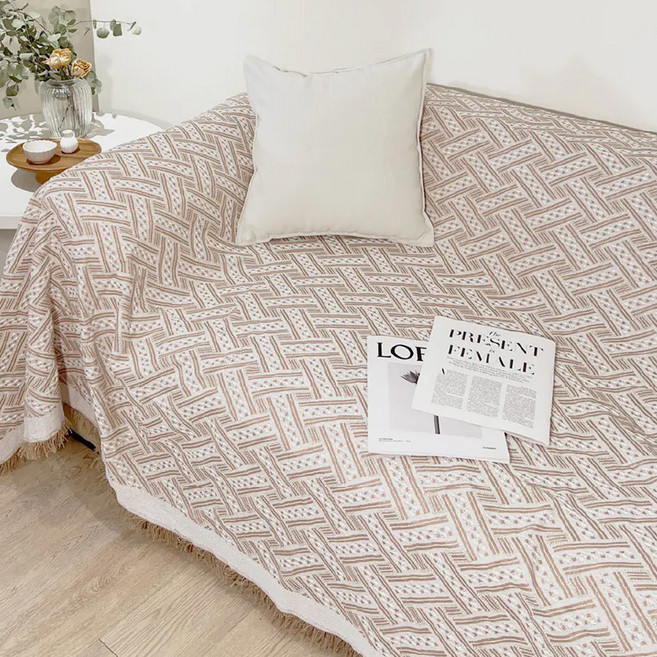 半島良品 法式編織沙發布 桌布 波希米亞, 奶茶格, 1件