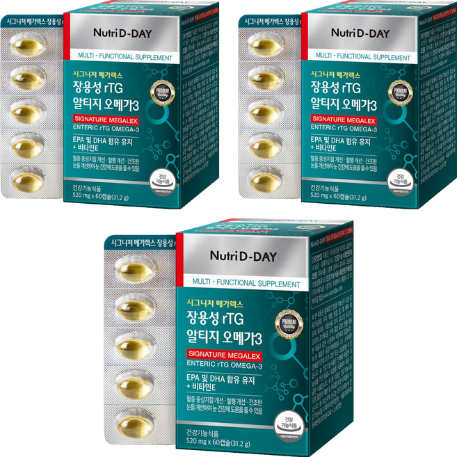 뉴트리디데이 장용성 rTG 알티지 오메가3 메가렉스, 60정, 3개