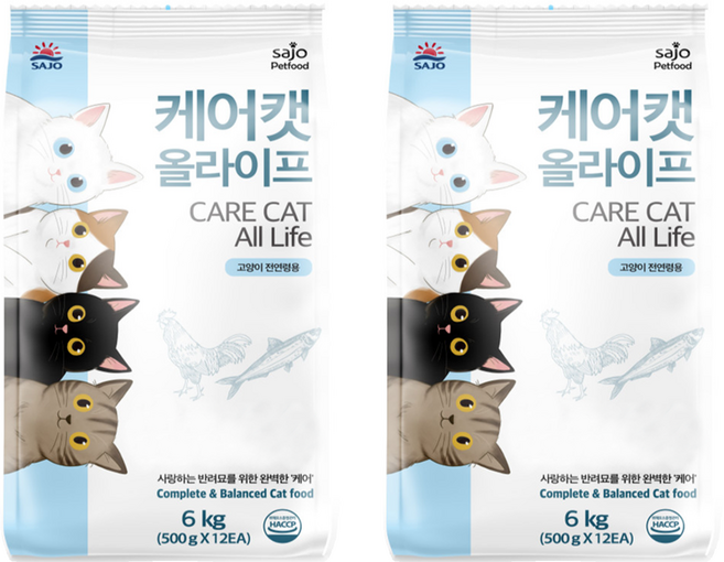 사조 전연령 케어캣 올라이프 건식사료, 닭, 6kg, 2개