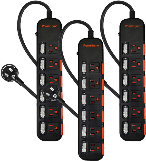 PowerSync 群加 6開6插滑蓋防塵防雷擊延長線 6孔 TPS366DN0018, 黑色, 3條, 1.8m