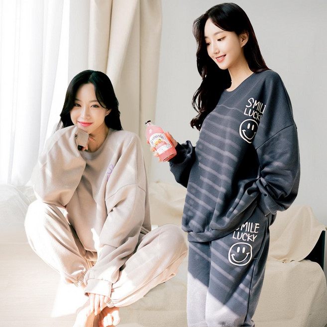 테라우드 여성용 스마일 쭈리 오버핏 잠옷 상하의 2p 세트