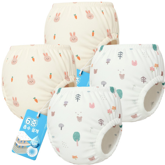 아띠래빗 유아용 순면 6중 배변훈련팬티, 4개, 토끼, 숲