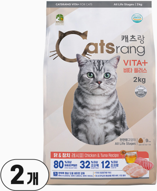 캐츠랑 전연령 고양이 비타플러스 건식사료, 닭 + 참치, 2kg, 2개
