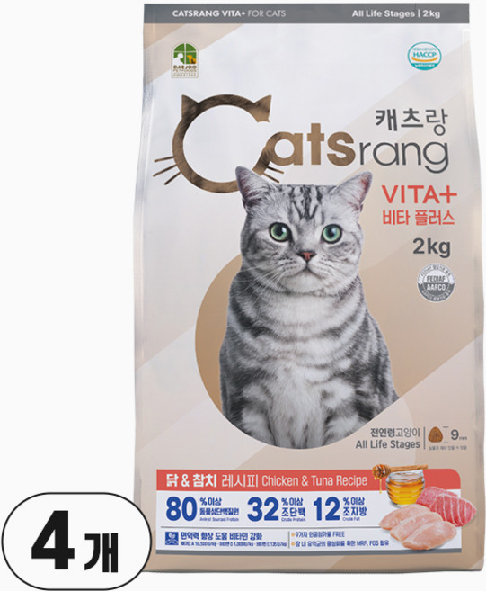 캐츠랑 전연령 고양이 비타플러스 건식사료, 닭 + 참치, 2kg, 4개