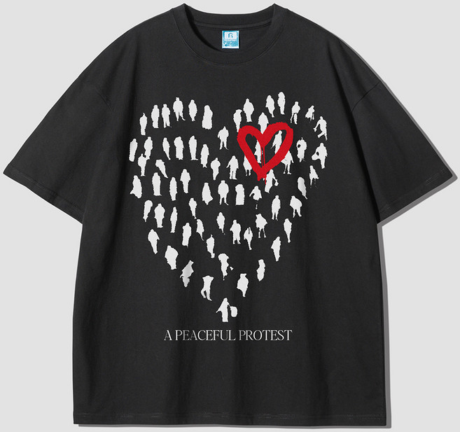 그랜피니 통기성 어센틱 오버핏 러브 앤 피스 프린팅 라운드 20수 반팔 티셔츠