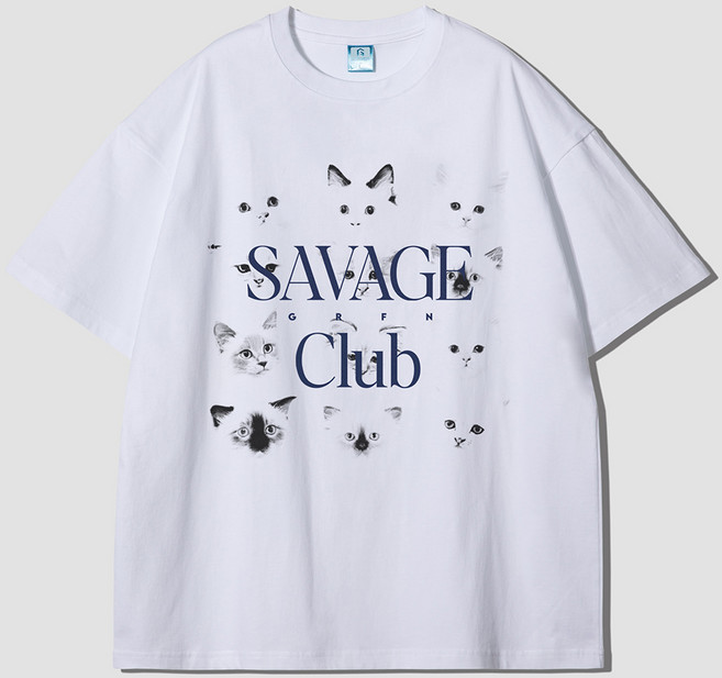 그랜피니 통기성 어센틱 오버핏 캣 세비지 프린팅 라운드 20수 반팔 티셔츠