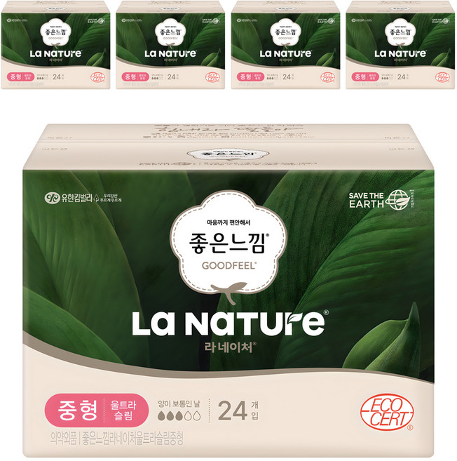 라네이처 좋은느낌 울트라슬림 생리대 날개형, 중형, 24개입, 5개