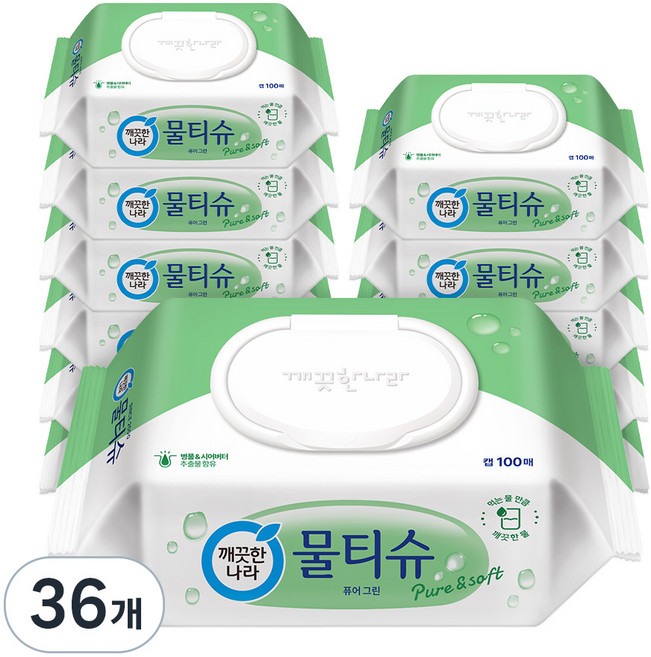 깨끗한나라 물티슈 퓨어 그린 캡형, 100매, 36개