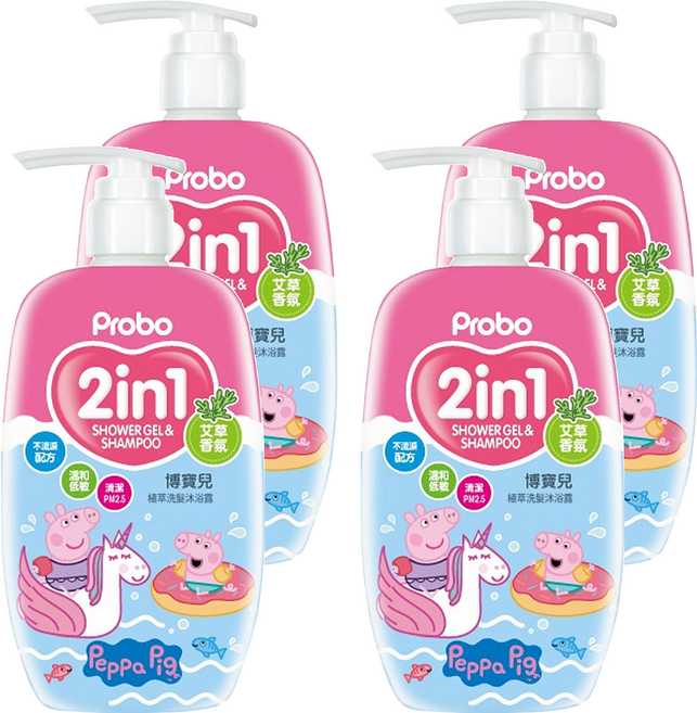 Probo 博寶兒 植萃洗髮沐浴露 佩佩豬 艾草香氛, 500ml, 4瓶