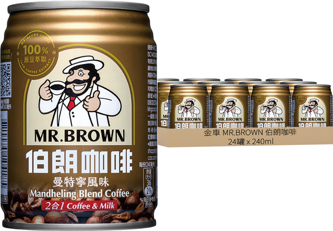 金車 MR.BROWN 伯朗咖啡 曼特寧風味咖啡, 240ml, 24罐