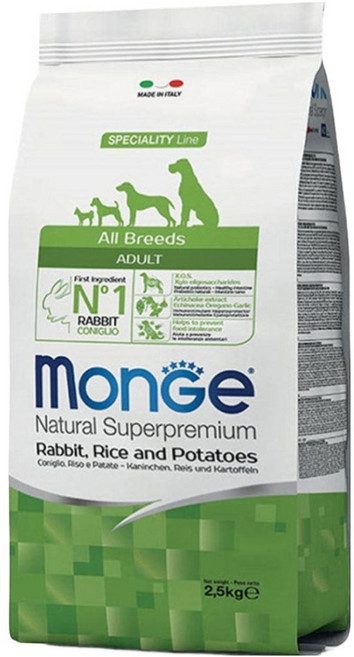 몬지 어덜트 강아지 모노프로틴 LID 올브리드 건식사료, 토끼, 2.5kg, 1개