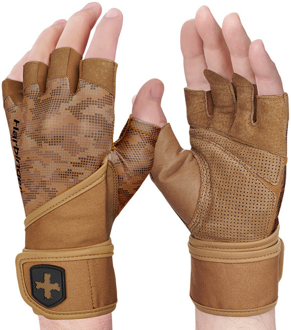 하빈져 프로 리스트랩 글러브 2.0 헬스 손목보호대 겸용 장갑 양손 세트, 탄 카모, 1세트