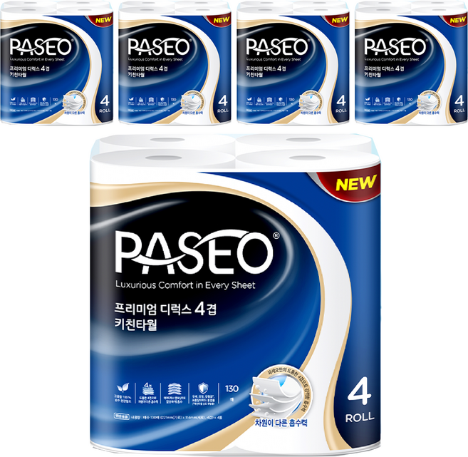 파세오 프리미엄 디럭스 4겹 천연펄프 키친타올, 130매, 20개