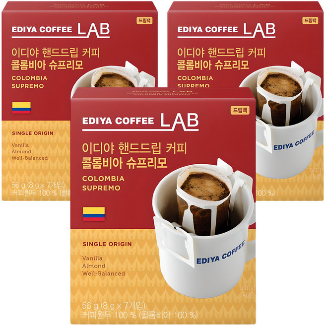 이디야커피연구소 핸드드립 콜롬비아 슈프리모 드립커피, 8g, 7개입, 3개