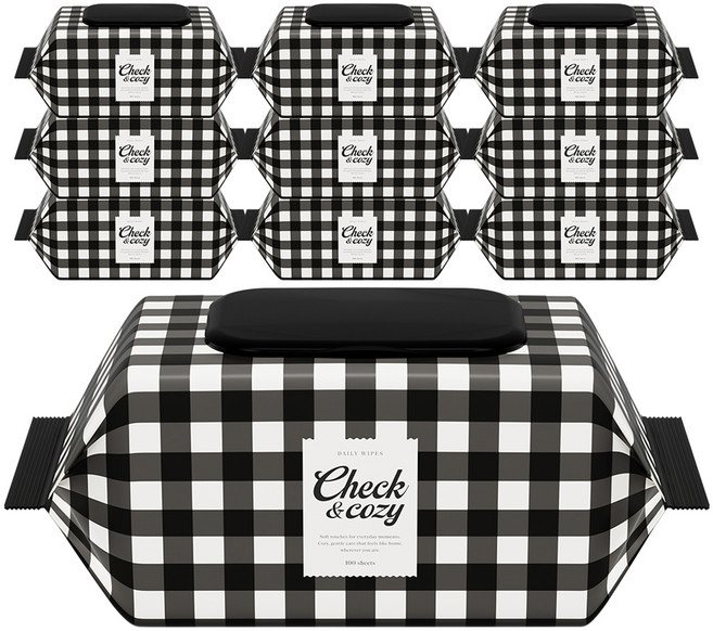 체크앤코지 깅엄체크 클래식 엠보싱 대용량 물티슈 캡형, 10개, 100매, 50g