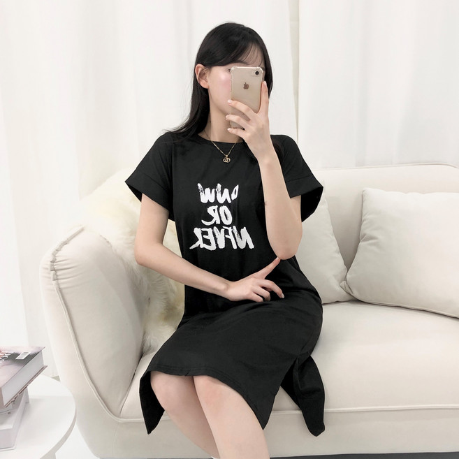 PEONIST 蝙蝠袖短袖寬鬆長版連身裙 含大尺碼, 黑色