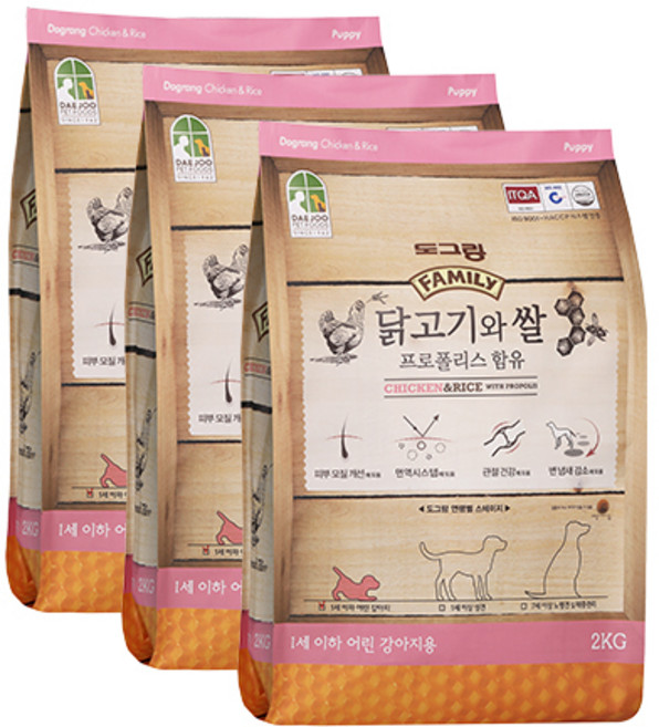 도그랑 1세 이하 퍼피 훼미리 건식사료, 곡물, 2kg, 3개
