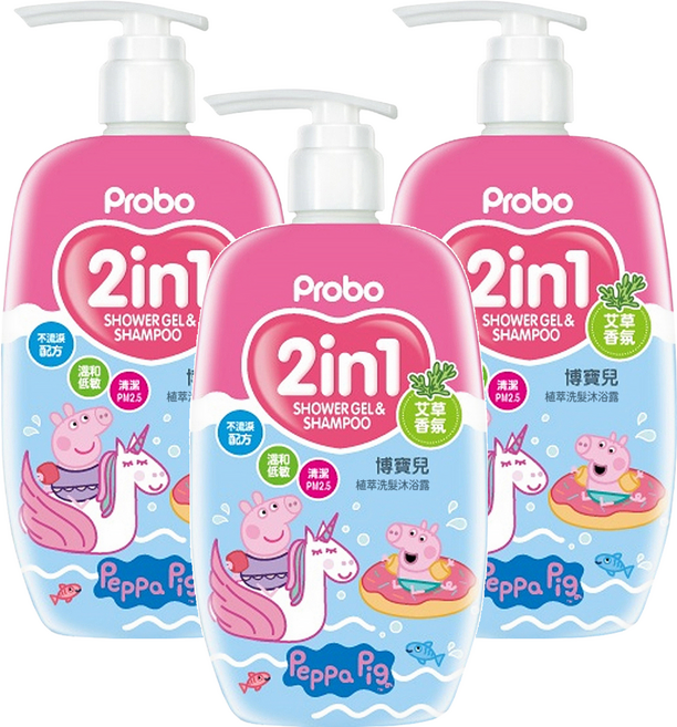 Probo 博寶兒 植萃洗髮沐浴露 2合1 艾草香氛 溫和低敏配方, 500ml, 3瓶