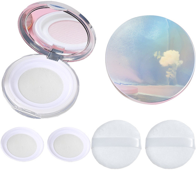 셀프천사 슬림형 가루 파우더 공병 케이스 + 파우더 퍼프 + 리필 그물망 세트, 2세트, 홀로그램