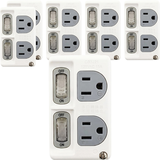 WeiTien 威電 高負載分接式插座 CB3221, 白色 + 開關顏色隨機, 6個, 102mm