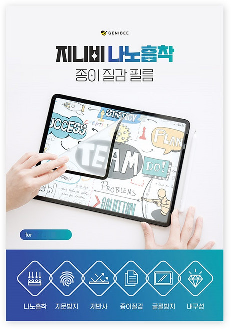 지니비 나노흡착 탈부착 태블릿PC 저반사 지문방지 종이질감필름 세트, 투명, 1세트