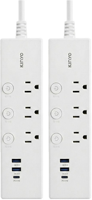Kinyo 四開三插PD延長線 3孔, 1.8m, 白色, 2個