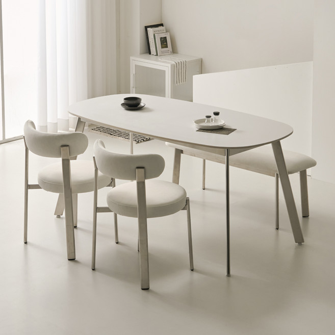 폴인퍼니 프린 포세린 세라믹 식탁 1400 + 의자2p + 벤치 세트 4인용 방문설치, 실버 무광(프레임), 화이트(상판), 아이보리(의자, 벤치), 일반 2 + 벤치 1