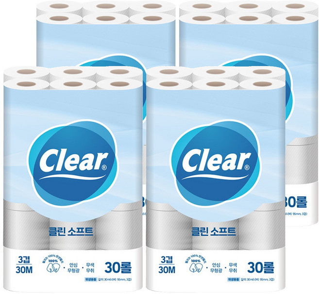 Clear 3層潔淨柔軟天然紙漿衛生紙, 30m, 30捲, 4套