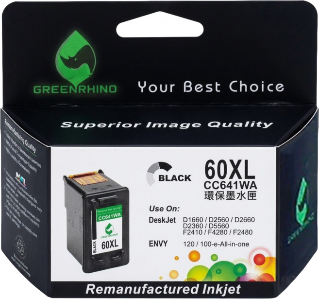 GREENRHINO 綠犀牛 相容HP 60XL CC641WA 高容量環保墨水匣 Deskjet D1660/D2500/D2560/D2660/D5560適用, 1個, 黑色