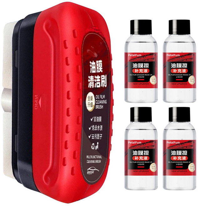 禾統 玻璃油膜清潔刷 (1個刷+4瓶) 清潔刷120ml+補充瓶50ml, 1組, 紅色