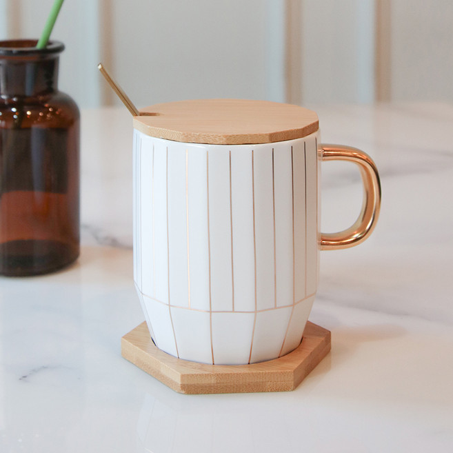BELLE design 歐式金色杯蓋馬克杯組 350ml, 條紋木質, 1套