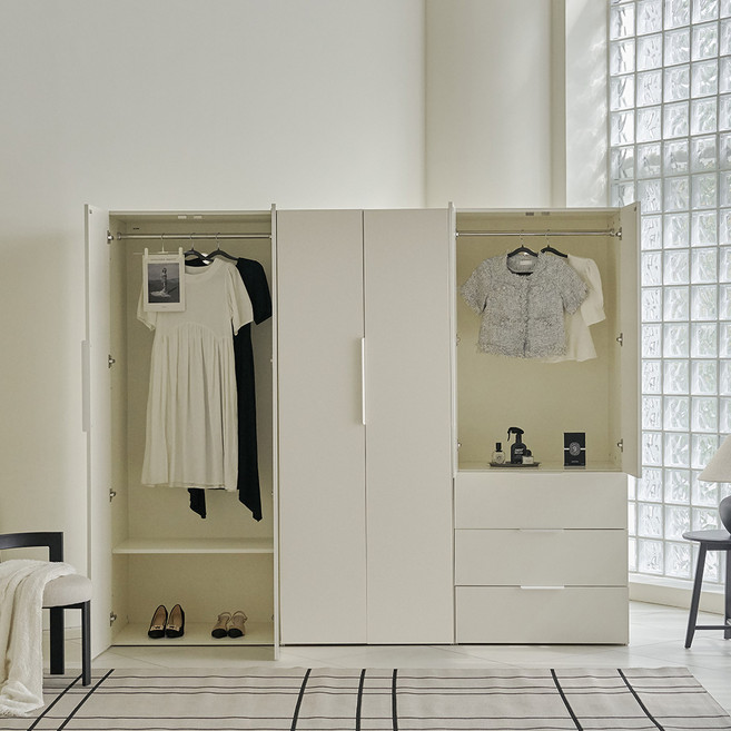 웰퍼니쳐 카린 1단 행거형 + 2단 행거형 + 3단 서랍장 높은 옷장세트, 매트 아이보리