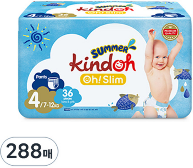 킨도 프리미엄 오 슬림 썸머팬츠 팬티형 기저귀 남여공용, 4단계, 288매
