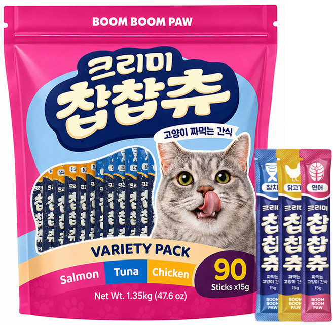붐붐포 고양이 크리미 찹찹츄 짜먹는 간식 90p, 1.35kg, 1개, 혼합맛(닭고기/연어/참치)