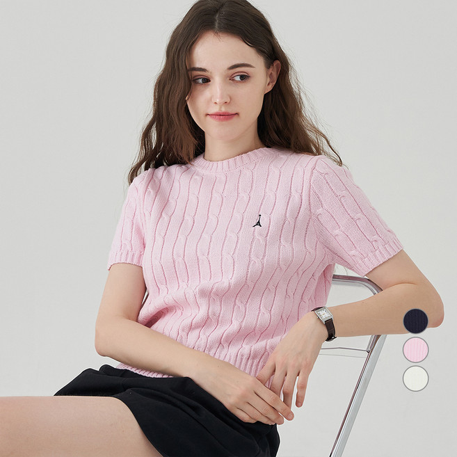 ELLE PARIS 여성용 시그니처 로고 자수 케이블 반팔 니트