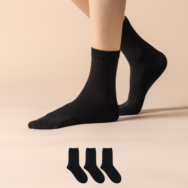 삭피엔스 여성용 발목이 가늘어 보이는 골지 중목 양말 3켤레
