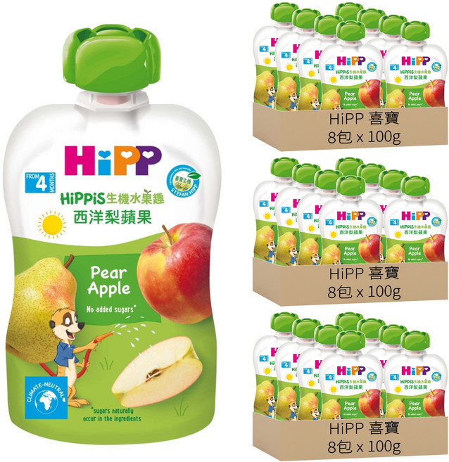 HiPP 喜寶 生機水果趣 西洋梨蘋果 4個月以上, 100g, 24包