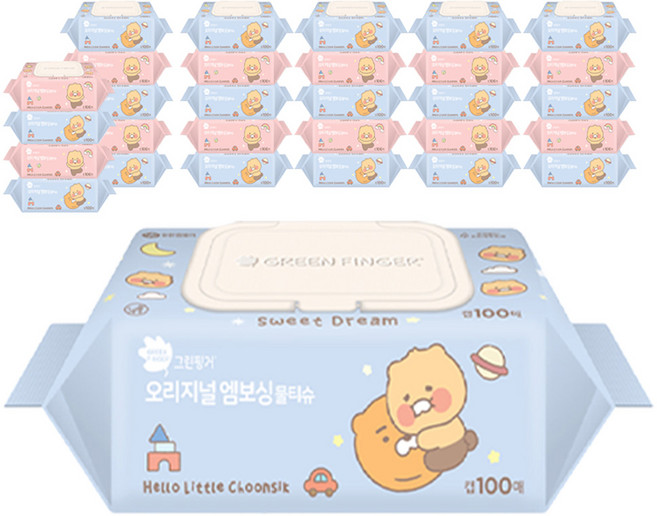 그린핑거 오리지널 엠보싱 물티슈 리틀춘식 에디션 캡형 랜덤 발송, 40g, 100개입, 30개