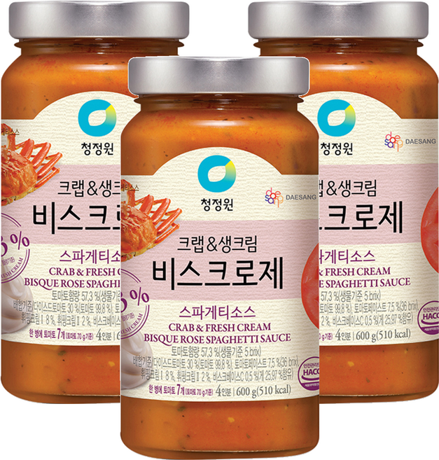 청정원 크랩&생크림 비스크로제 파스타소스, 600g, 3개