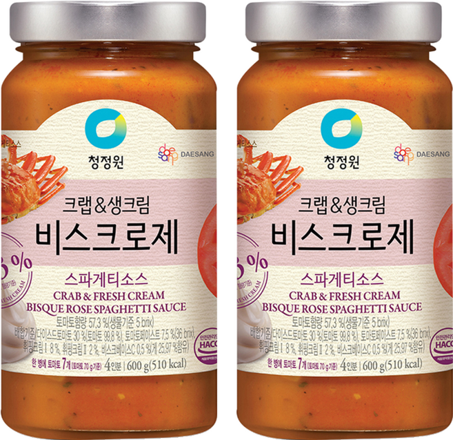 청정원 크랩&생크림 비스크로제 파스타소스, 600g, 2개