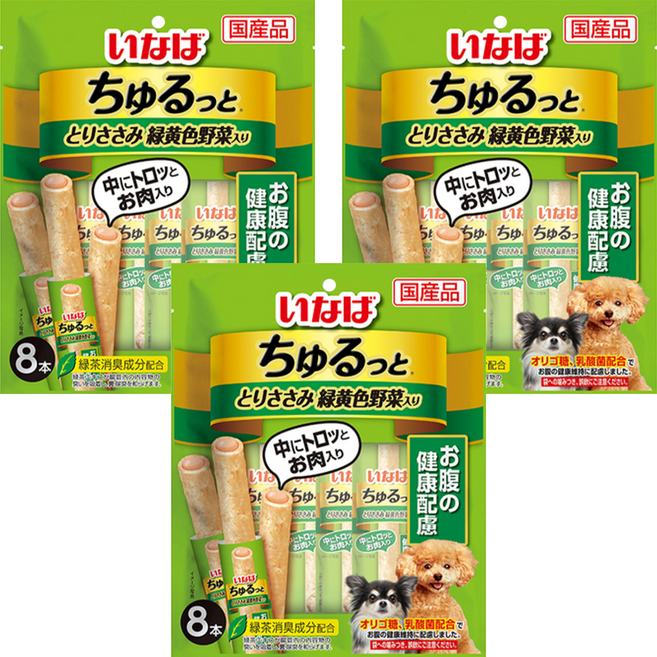 INABA 汪啾嚕肉泥捲心條 犬用 腸胃保健配方, 雞肉 + 綜合蔬菜, 3袋