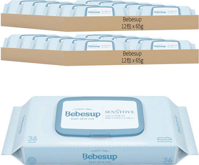 Bebesup 嬰兒用濕紙巾 敏感肌適用 輕巧包, 36張, 24包, 65g