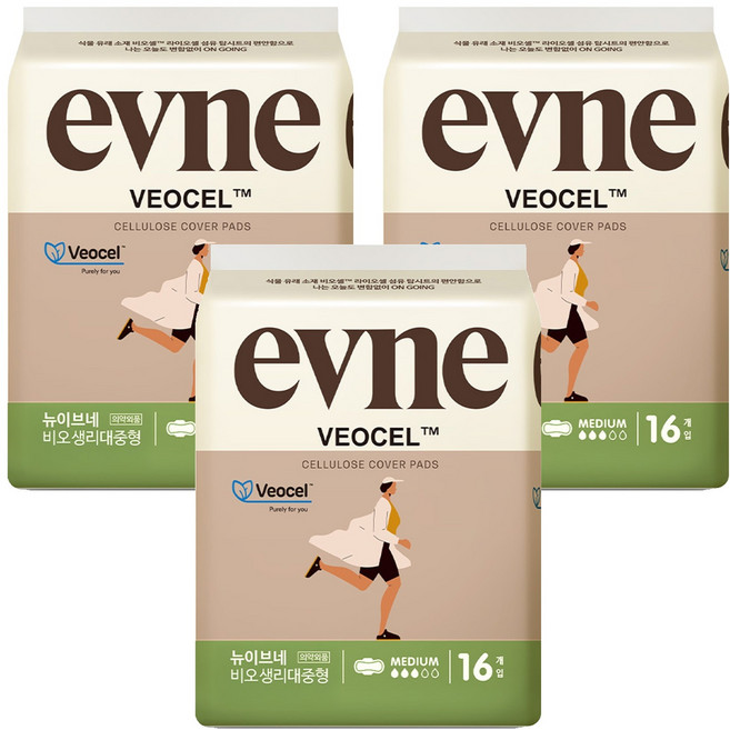 이브네 뉴 비오셀 생리대 날개형, 중형, 16개입, 3개