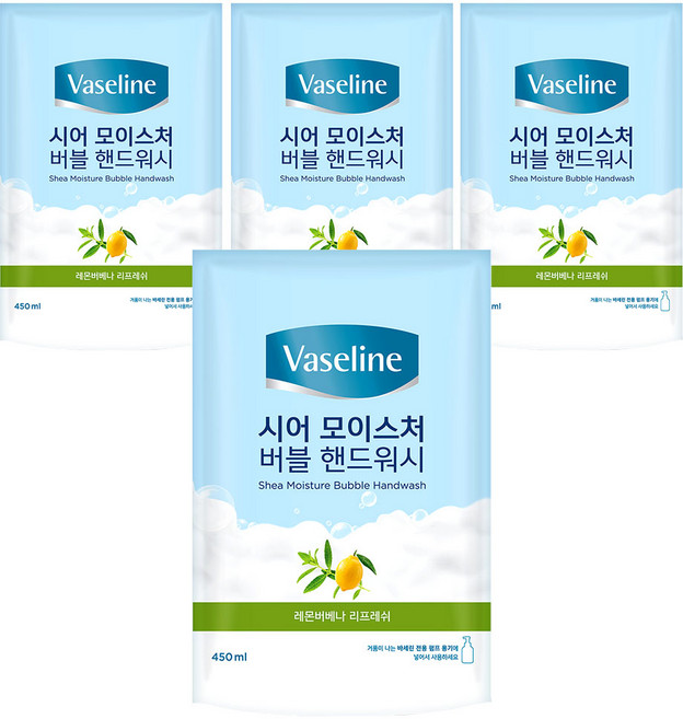 바세린 시어 모이스처 버블 핸드워시 레몬버베나향 리필, 450ml, 4개