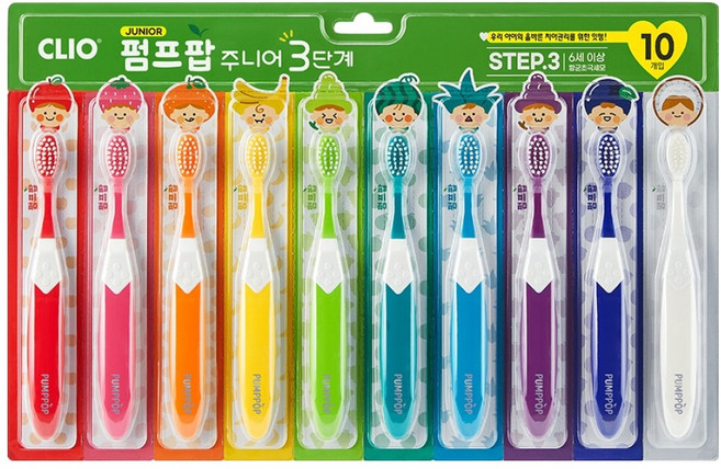 크리오 펌프팝 주니어 3단계 칫솔, 혼합색상, 10개입, 1세트