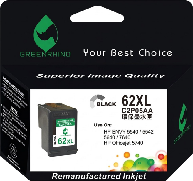 GREENRHINO 綠犀牛 相容HP 62XL C2P05AA 高容量環保墨水匣 ENVY 5540/5640/7640/OfficeJet/OJ 200/250適用, 1個, 黑色
